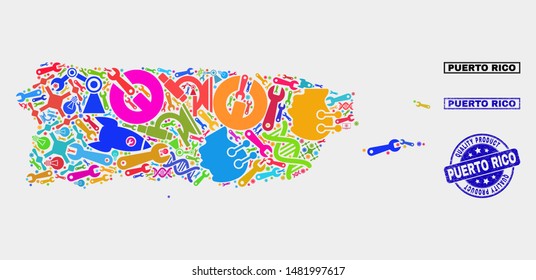 Vector collage of service Puerto Rico map and blue seal stamp for quality product. Puerto Rico map collage designed with tools, spanners, industry symbols.
