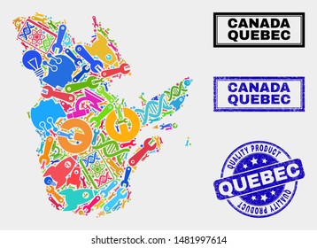 Vector collage of service Quebec Province map and blue seal for quality product. Quebec Province map collage made with tools, wrenches, science icons.