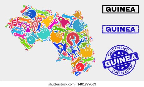 Vector collage of service Republic of Guinea map and blue stamp for quality product. Republic of Guinea map collage made with tools, spanners, production icons.