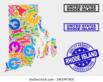 Vector collage of service Rhode Island State map and blue stamp for quality product. Rhode Island State map collage formed with equipment, spanners, industry icons.