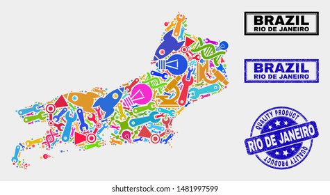 Vector collage of service Rio de Janeiro State map and blue stamp for quality product. Rio de Janeiro State map collage designed with tools, spanners, production symbols.