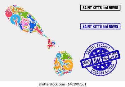Vector collage of service Saint Kitts and Nevis map and blue watermark for quality product. Saint Kitts and Nevis map collage formed with tools, wrenches, industry symbols.