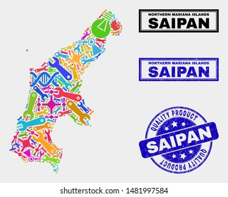 Vector collage of service Saipan Island map and blue stamp for quality product. Saipan Island map collage constructed with equipment, wrenches, production symbols.