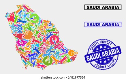 Vector collage of service Saudi Arabia map and blue stamp for quality product. Saudi Arabia map collage formed with tools, spanners, production symbols.