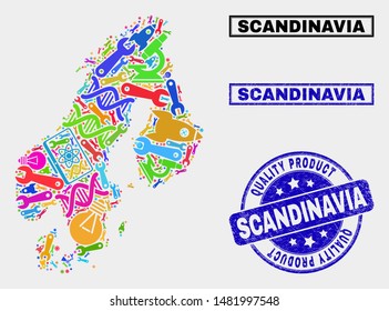 Vector collage of service Scandinavia map and blue stamp for quality product. Scandinavia map collage made with equipment, spanners, science symbols.