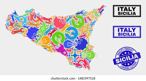 Vector collage of service Sicilia map and blue watermark for quality product. Sicilia map collage formed with tools, wrenches, industry symbols.