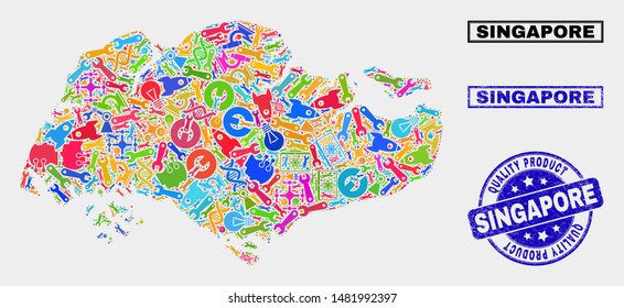 Vector collage of service Singapore map and blue watermark for quality product. Singapore map collage designed with equipment, spanners, production icons.