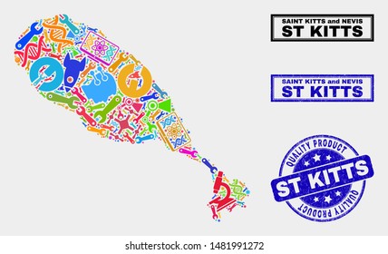 Vector collage of service St Kitts Island map and blue stamp for quality product. St Kitts Island map collage designed with tools, spanners, industry symbols.