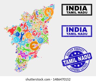 Vector collage of service Tamil Nadu State map and blue seal stamp for quality product. Tamil Nadu State map collage designed with equipment, spanners, production symbols.