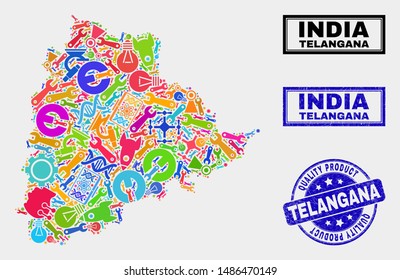 Vector collage of service Telangana State map and blue stamp for quality product. Telangana State map collage composed with tools, wrenches, industry symbols.