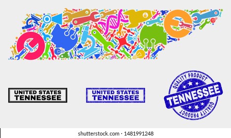 Vector collage of service Tennessee State map and blue watermark for quality product. Tennessee State map collage formed with equipment, wrenches, science symbols.