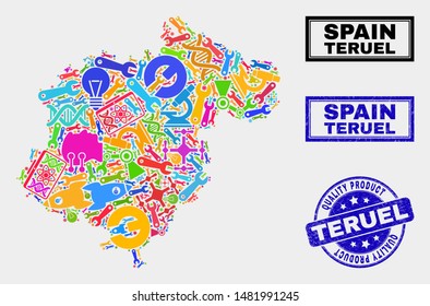 Vector collage of service Teruel Province map and blue seal stamp for quality product. Teruel Province map collage composed with tools, spanners, industry icons.