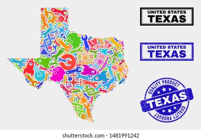 Vector collage of service Texas State map and blue watermark for quality product. Texas State map collage created with equipment, wrenches, science symbols.