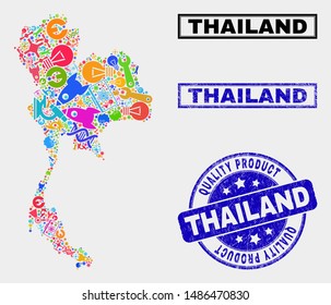 Vector collage of service Thailand map and blue stamp for quality product. Thailand map collage designed with equipment, spanners, science icons.