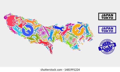 Vector collage of service Tokyo Prefecture map and blue stamp for quality product. Tokyo Prefecture map collage formed with equipment, wrenches, production symbols.