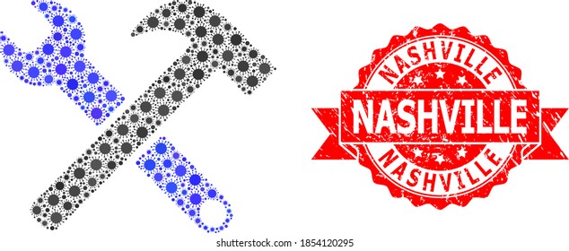 Vector collage service tools of flu virus, and Nashville rubber ribbon seal imitation. Virus particles inside service tools collage. Red seal includes Nashville tag inside ribbon.