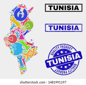 Vector collage of service Tunisia map and blue seal for quality product. Tunisia map collage formed with equipment, spanners, industry symbols.