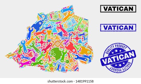 Vector collage of service Vatican map and blue seal stamp for quality product. Vatican map collage designed with equipment, spanners, industry symbols.