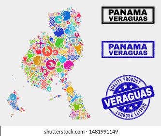 Vector collage of service Veraguas Province map and blue seal for quality product. Veraguas Province map collage formed with equipment, wrenches, industry symbols.