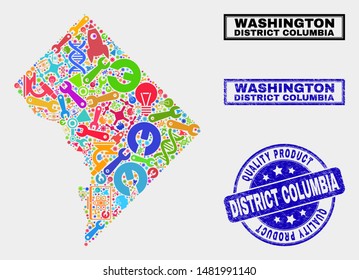 Vector collage of service Washington District Columbia map and blue watermark for quality product. Washington District Columbia map collage designed with equipment, wrenches, science icons.