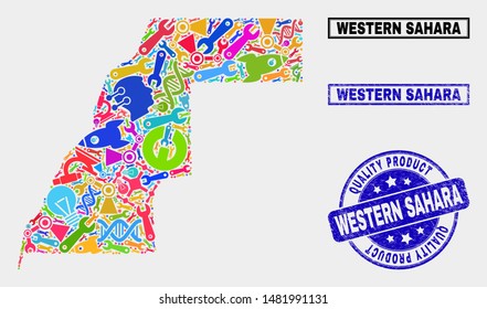 Vector collage of service Western Sahara map and blue seal stamp for quality product. Western Sahara map collage created with tools, spanners, industry icons.