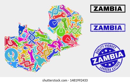 Vector collage of service Zambia map and blue seal for quality product. Zambia map collage made with equipment, spanners, industry icons. Vector abstract collage of Zambia map for service business,