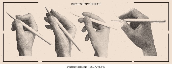 Vector collage set of photocopy hands holding pencil. Retro dots stipple effect