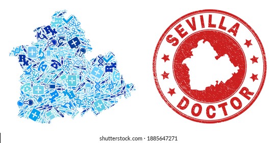 Vector collage Sevilla Province map of injection icons, receipt symbols, and grunge healthcare seal. Red round seal with grunge rubber texture and Sevilla Province map caption and map.