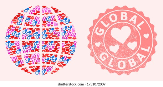 Vector collage of sexy smile globe and red grunge seal stamp with heart. Globe collage formed with smiles, male and female symbols. Vector abstract collage of globe for dating,
