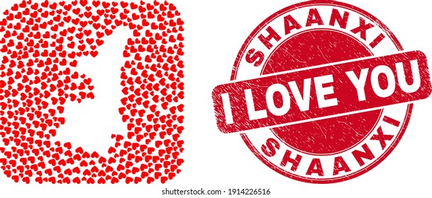 Vector collage Shaanxi Province map of valentine heart elements and grunge love seal. Collage geographic Shaanxi Province map constructed as subtraction from rounded square with love hearts.