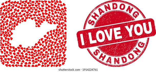 Collage vectorial de la provincia de Shandong, mapa de hermosos elementos cardíacos y sello de amor de grunge. Mapa geográfico musulmán de la provincia de Shandong creado como un agujero de la plaza redondeada con encantadores corazones.