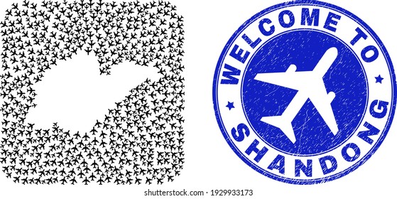 Vector collage Shandong Province map of air shipping items and grunge Welcome seal stamp. Mosaic geographic Shandong Province map constructed as stencil from rounded square with air planes.