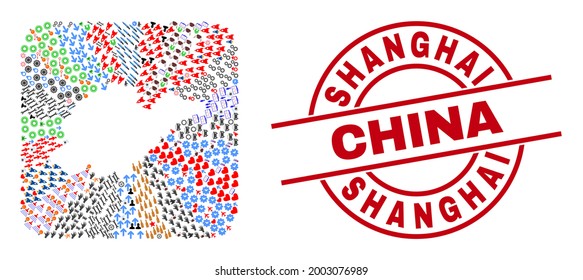 Vector collage Shandong Province map of different icons and Shanghai China seal stamp. Collage Shandong Province map created as carved shape from rounded square shape.