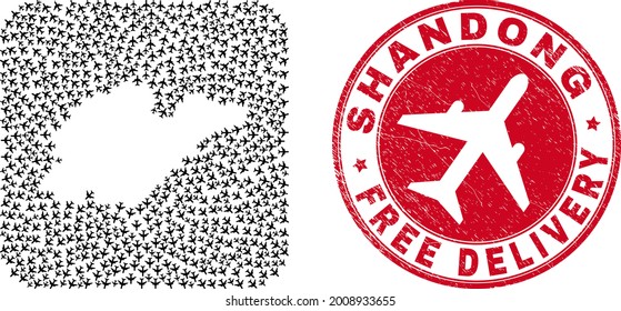 Vector collage Shandong Province map of air plane items and grunge Free Delivery badge.