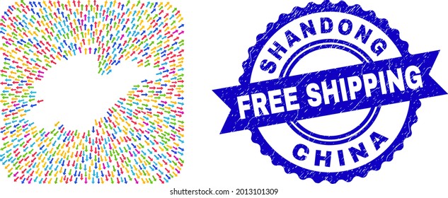 Vector collage Shandong Province map of moving arrows and grunge Free Shipping badge. Collage Shandong Province map created as hole from rounded square with moving arrows.