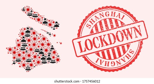 Vektorgrafik Shanghai City-Karte von Coronavirus, maskierten Männern und rotem Grunge-Schließrobbe. Virusartikel und Männer in Masken auf der Stadtkarte von Shanghai.