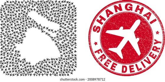 Vector collage Shanghai City map of air force items and grunge Free Delivery badge.