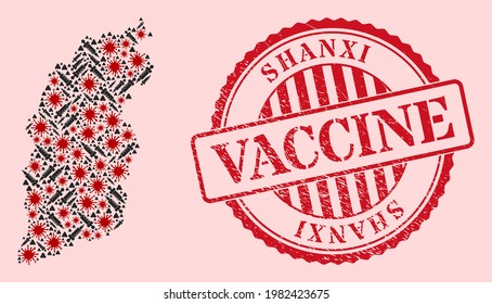 Collage vectorial de la provincia de Shanxi mapa del virus de la corona, íconos de dosis y sello de vacunación de grunge rojo. Elementos de virus y partículas de inyección dentro del mapa de la provincia de Shanxi.