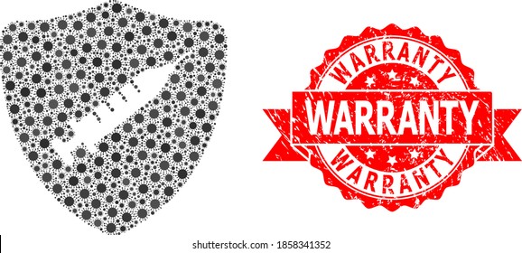 Vacuna de protección contra el colgante vectorial del virus SARS y sello de marca de cinta texturada de garantía. Celdas de virus dentro del collage de vacunas de protección. El sello rojo tiene el título de garantía dentro de la cinta.