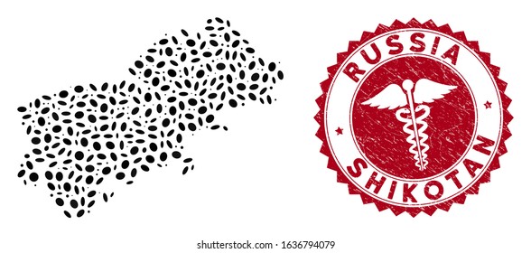 Vector collage Shikotan Island map and red round grunge stamp seal with clinic icon. Shikotan Island map collage constructed with oval items. Red round clinic seal stamp, with grunge texture.