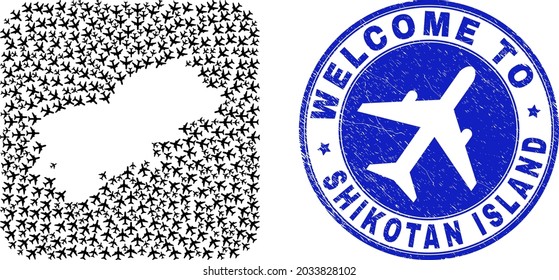 Vector sammelt Shikotan Island Karte von Luftschiffen und Grunge Willkommenstempel. Collage geographische Shikotan Insel Karte, konstruiert als geschnitzte Form aus abgerundeten Quadrat mit Flugzeugen.