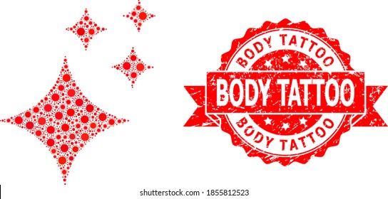 Vector collage shine stars of covid-2019 virus, and Body Tattoo corroded ribbon stamp seal. Virus particles inside shine stars mosaic. Red stamp seal includes Body Tattoo tag inside ribbon.