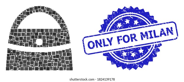 Vector collage shopping bag, and Only for Milan unclean rosette stamp seal. Blue seal has Only for Milan text inside rosette. Square items are combined into abstract collage shopping bag icon.