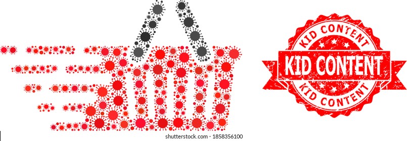 Cesta de compra de colaje vectorial del virus de la corona y imitación del sello de la cinta sucia del Contenido del niño. Elementos de virus dentro del collage de la cesta de la compra. El sello rojo tiene la etiqueta Contenido infantil dentro de la cinta.