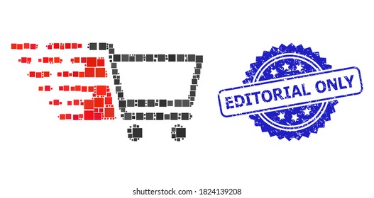 Carro de la compra del collage de vectores y sello del sello de la rosette sólo corroído por edición. El sello azul incluye el título Sólo editorial dentro de la roseta.