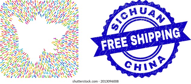Vector collage Sichuan Province map of away arrows and rubber Free Shipping seal. Collage Sichuan Province map constructed as subtraction from rounded square shape with abandon arrows.