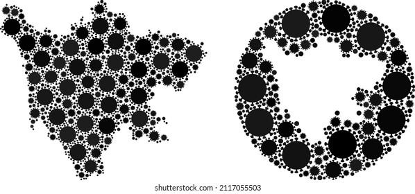 Mapa de la provincia de Sichuan del collage de vectores de los elementos del virus SARS. Mapa geográfico mosaico de la provincia de Sichuan creado como forma tallada a partir de formas redondeadas con elementos del virus SARS en colores negros.