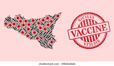 Vector collage Sicilia map of corona virus, vaccination icons, and red grunge vaccine stamp. Virus elements and vaccination items inside Sicilia map.