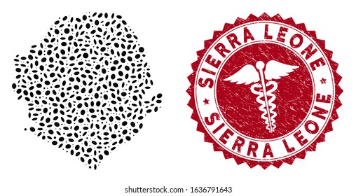 Vector collage Sierra Leone map and red rounded rubber stamp seal with medicine sign. Sierra Leone map collage composed with elliptic elements. Red rounded doctor seal stamp, with distress texture.