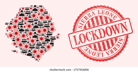 Vector collage Sierra Leone map of SARS virus, masked men and red grunge lockdown seal stamp. Virus particles and men in masks inside Sierra Leone map.